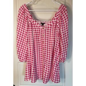 Torrid Pink Gingham Check Button Up 3/4 Sleeve On or Off Shoulder 2